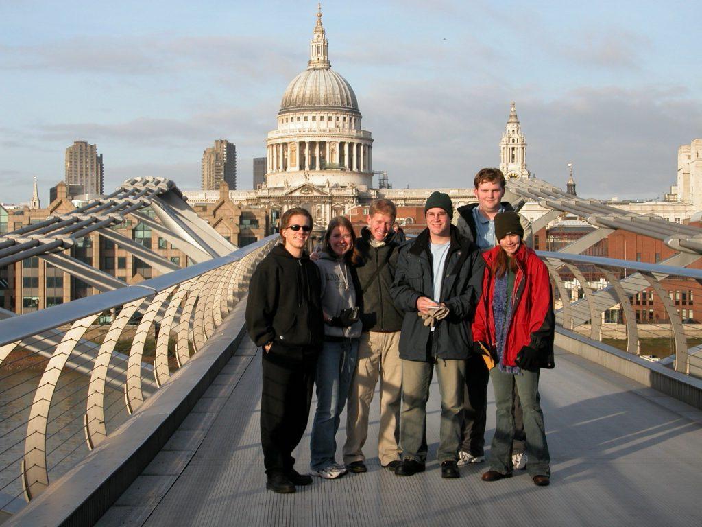 Students on Millennium Bridge 2005